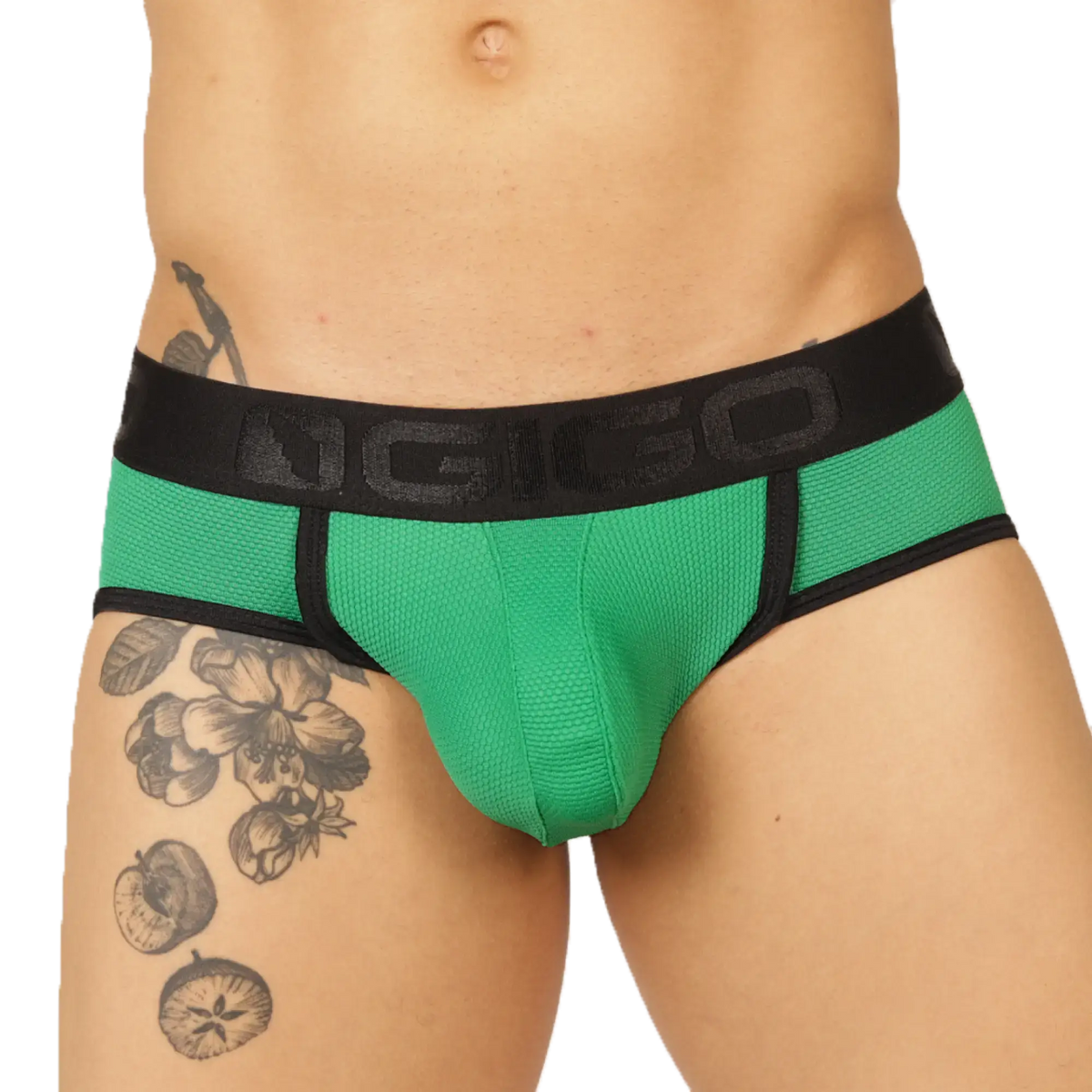 Green and black textured fabric athletic briefs with ngigo waistband from gigo cool green jock thong collection