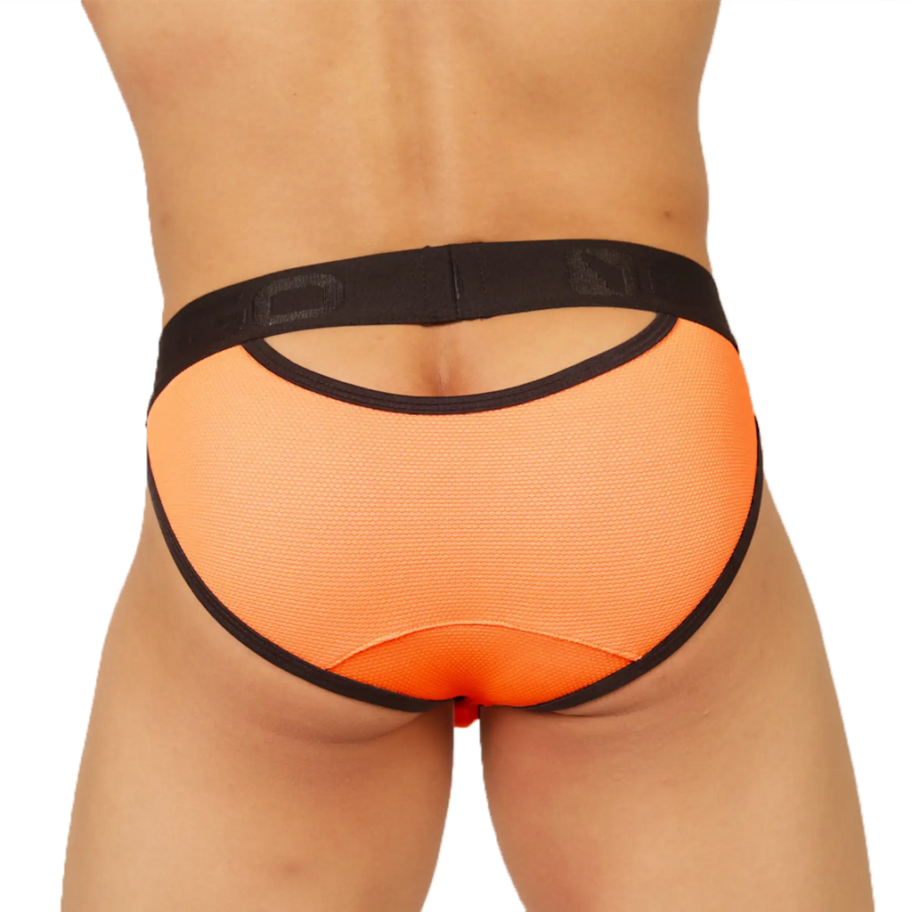 Orange mesh briefs with black elastic trim and a back cutout shown from the back for gigo cool orange brief