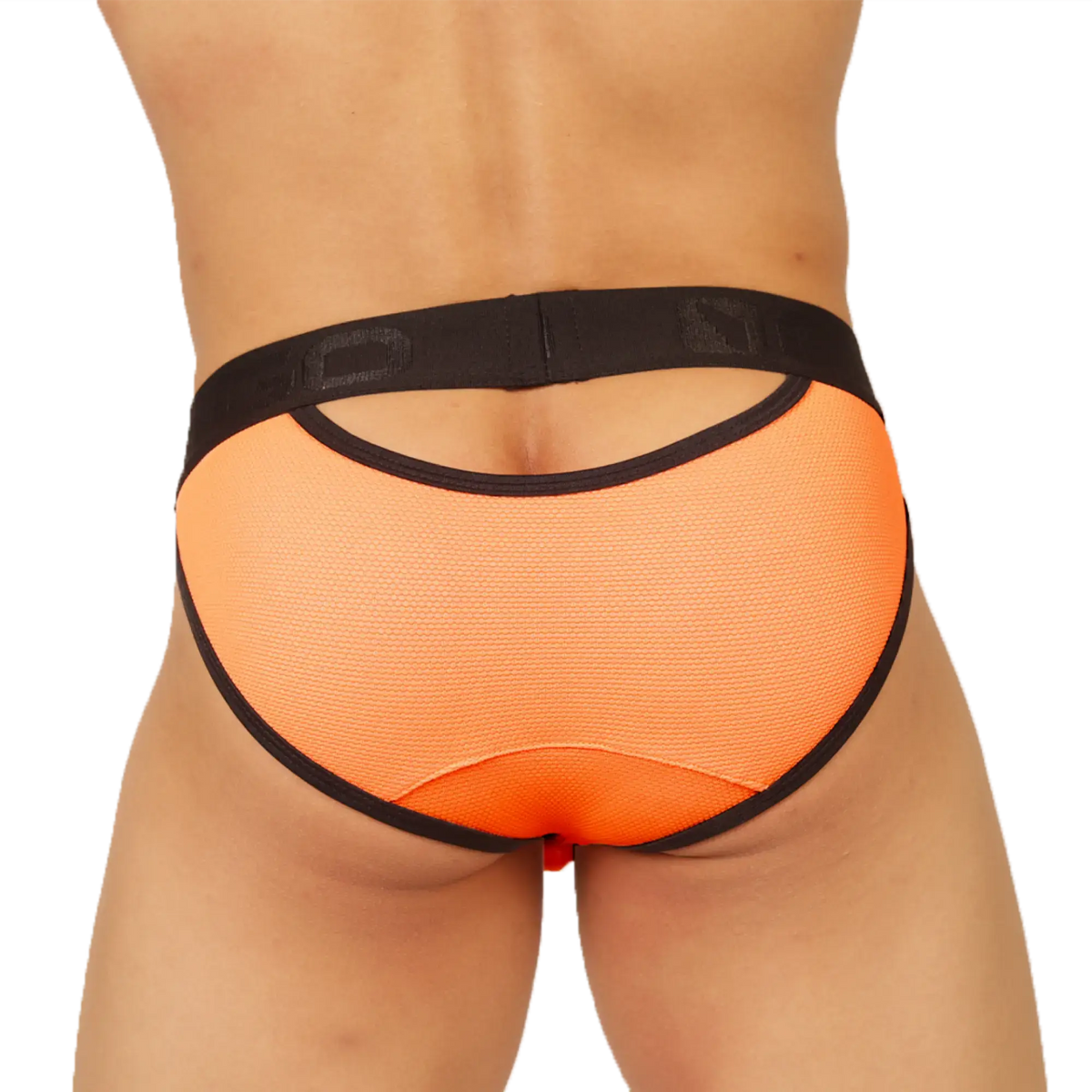 Orange mesh briefs with black elastic trim and a back cutout shown from the back for gigo cool orange brief