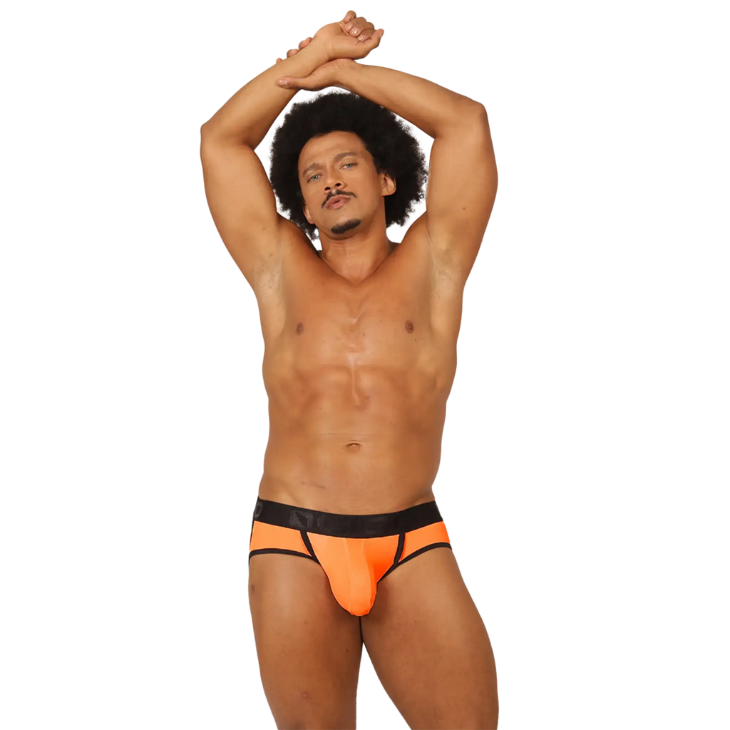 Bright orange gigo cool athletic jock thong with black waistband and trim designed for active wear