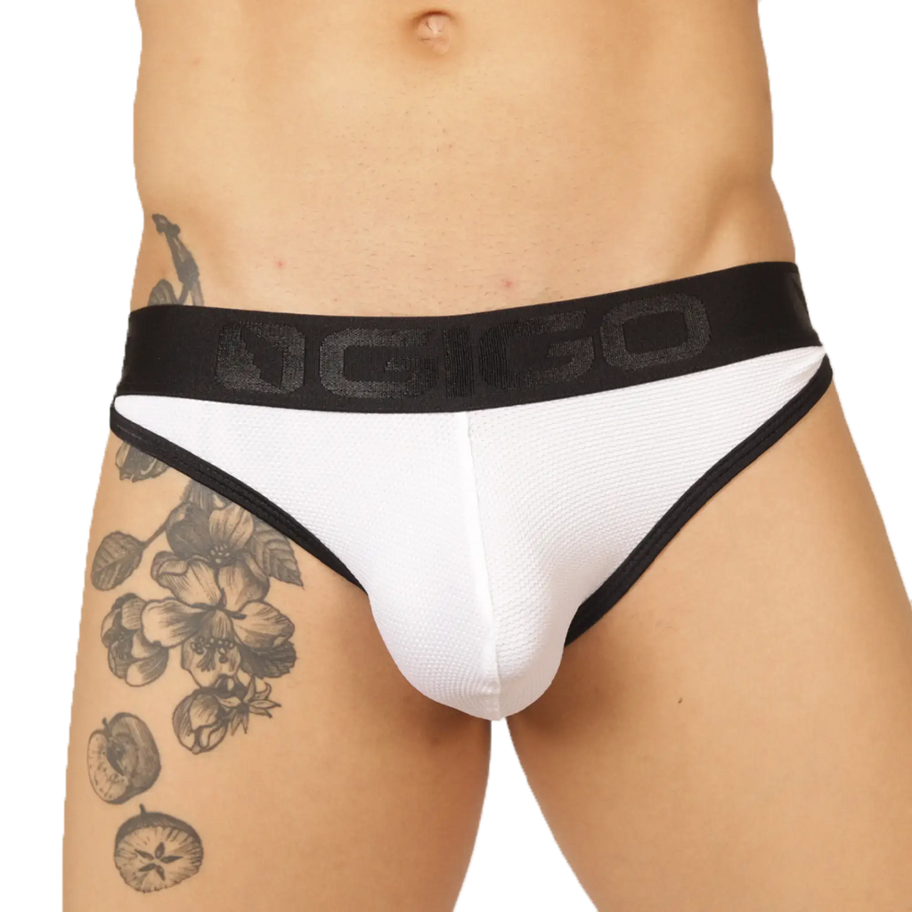Gigo Cool White Brief white and black athletic briefs with textured fabric and black waistband with dgio logo