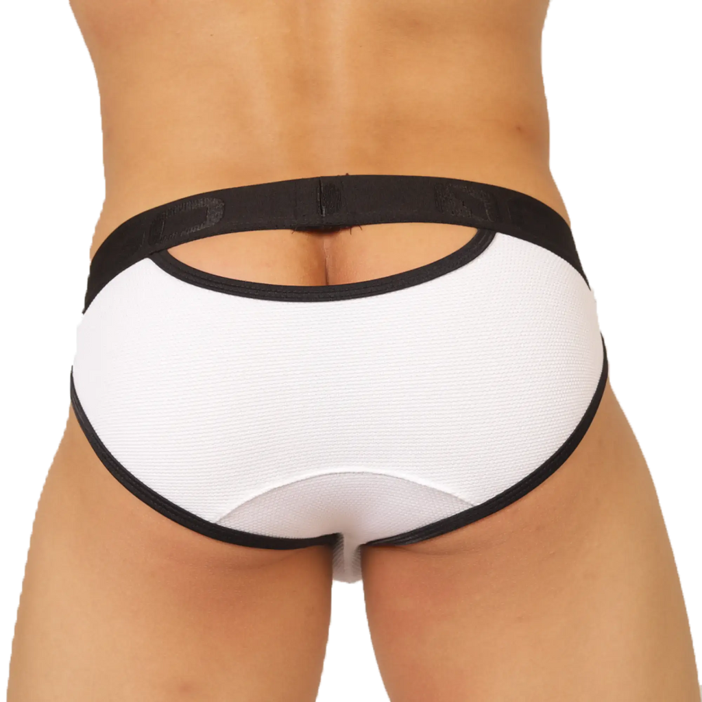 White briefs with black trim and textured fabric featuring an open back design shown from the back side