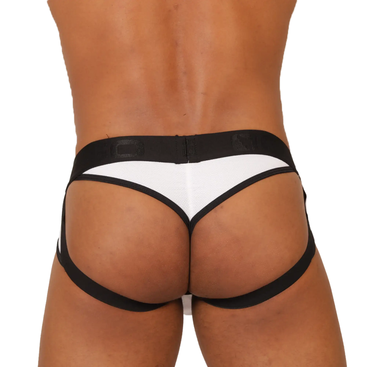Gigo cool white jock thong in black and white athletic briefs with sleek contoured design shown from the back