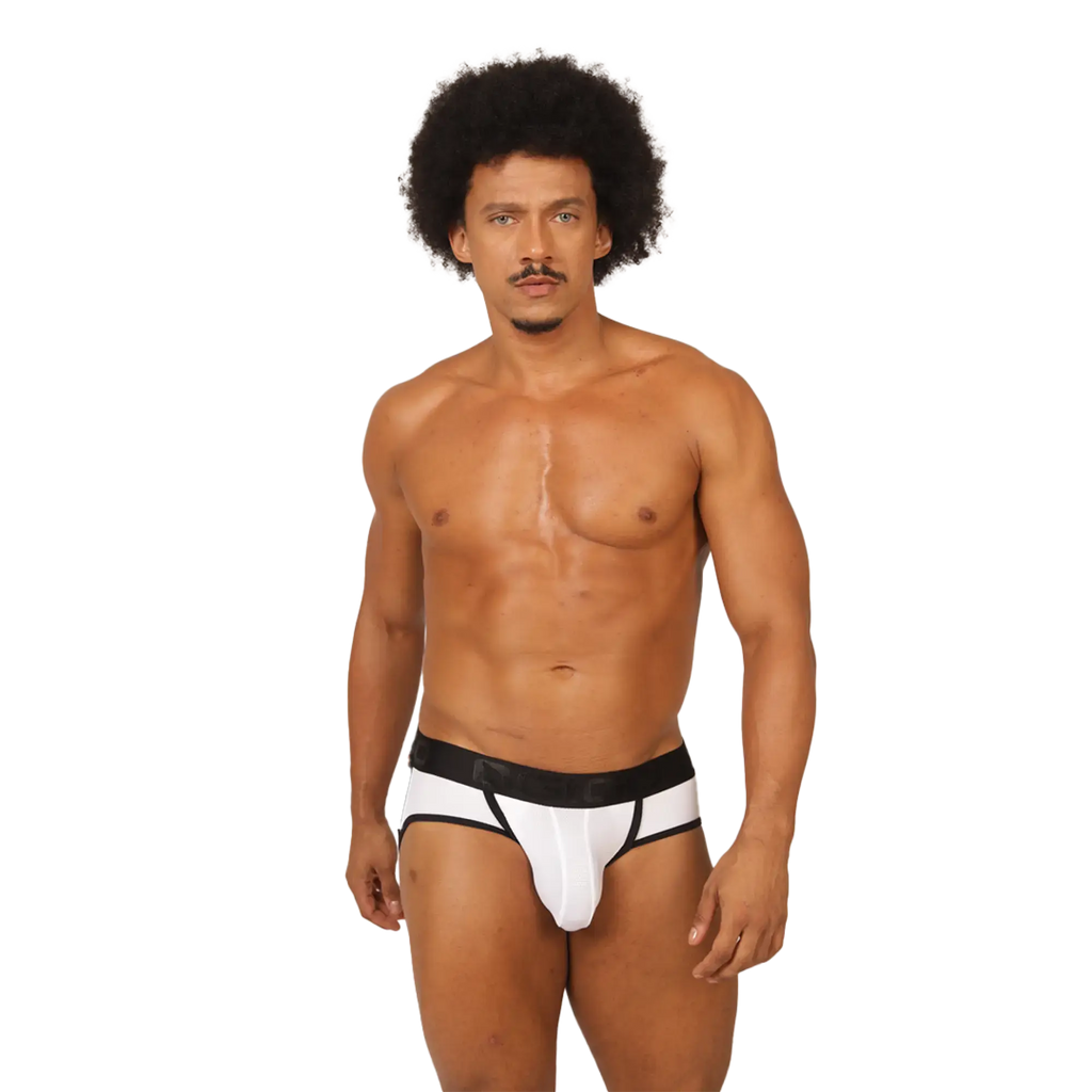 Gigo cool white jock thong in white and black athletic briefs with supportive contoured design front view