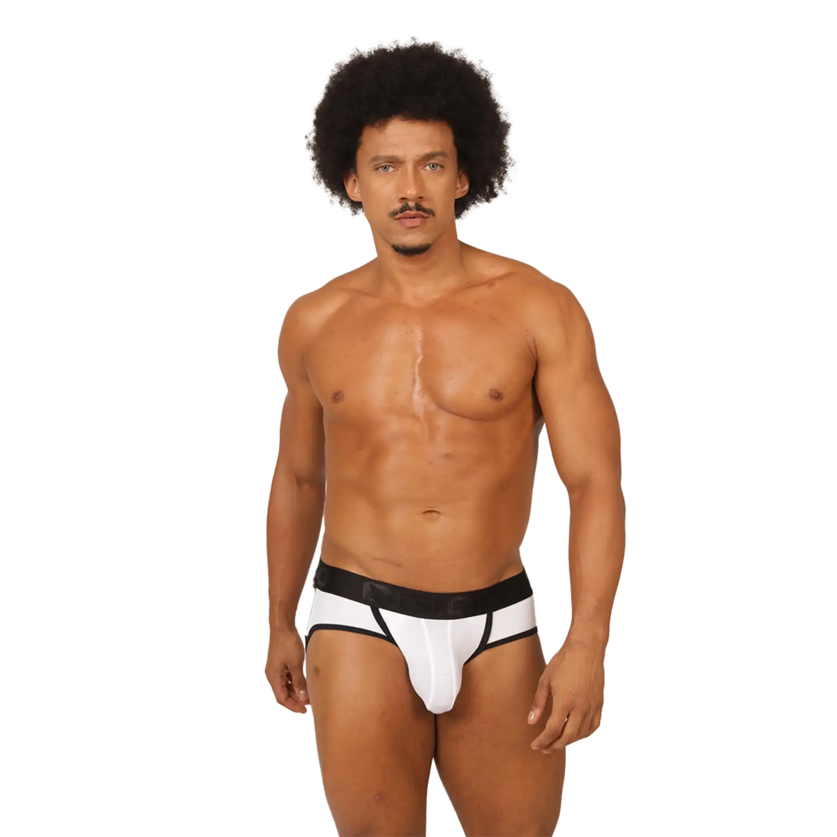 Gigo cool white jock thong in white and black athletic briefs with supportive contoured design front view