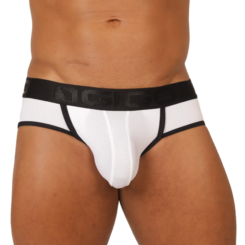 Gigo cool white jock thong in white and black with textured front panel and branded elastic waistband for athletic use