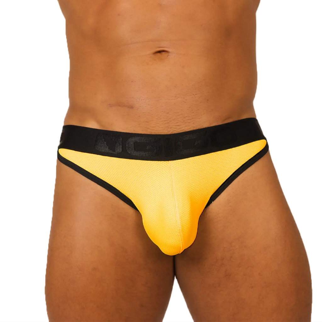 Bright yellow gigo cool yellow brief athletic briefs with black trim and branded waistband for active wear