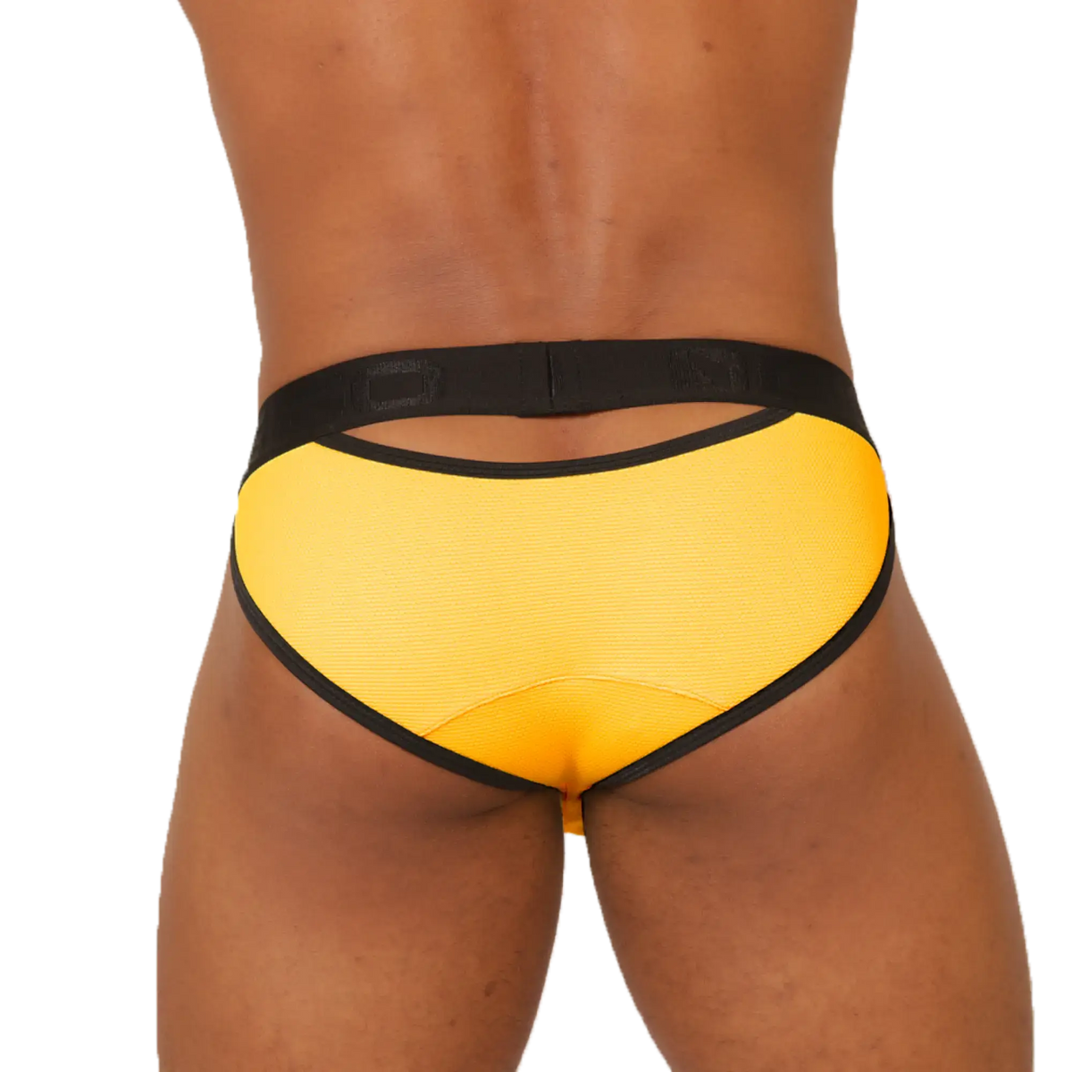 Bright yellow gigo cool yellow brief with black trim and textured fabric finish for athletic use