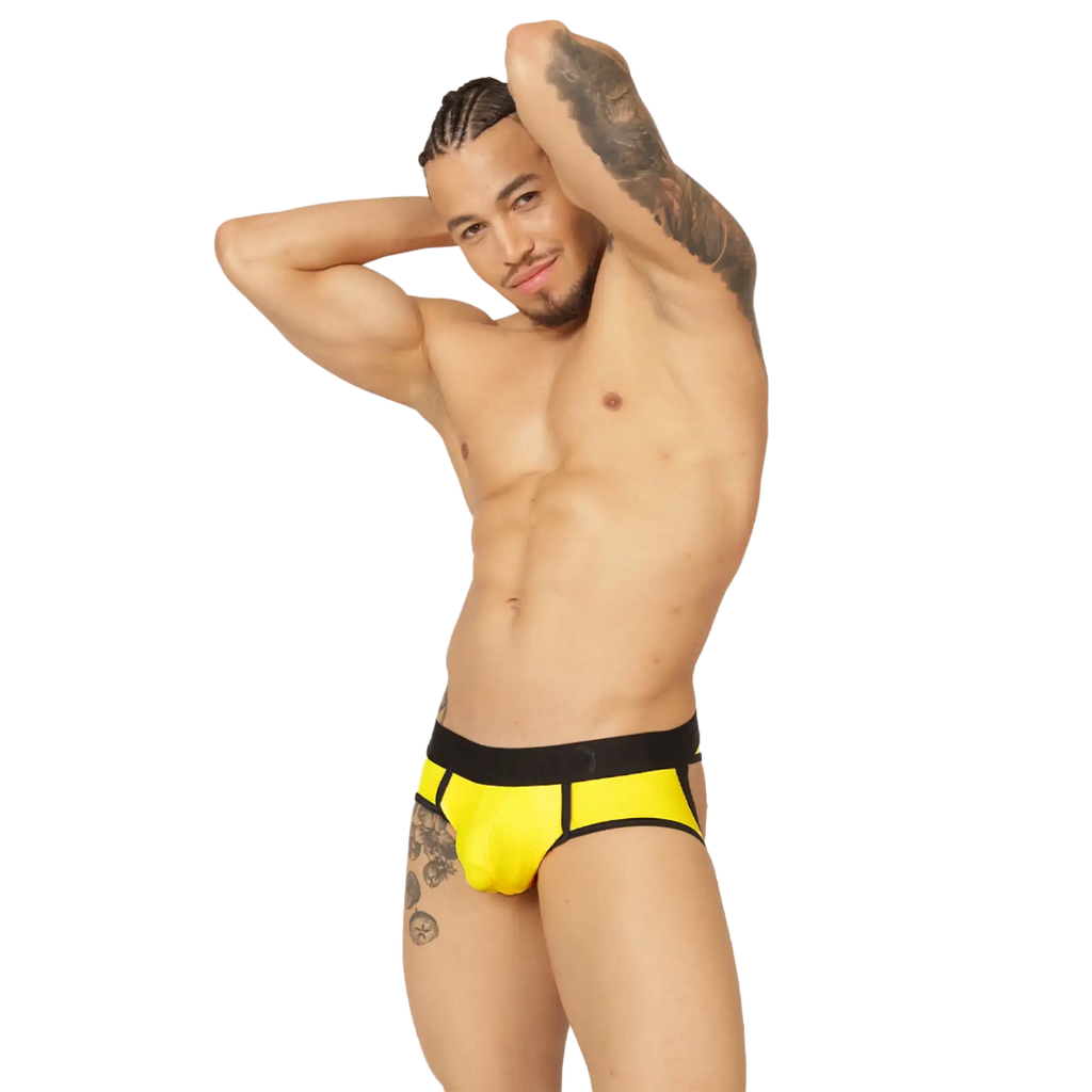 Bright yellow gigo cool jock thong briefs with black waistband and trim designed for comfortable support