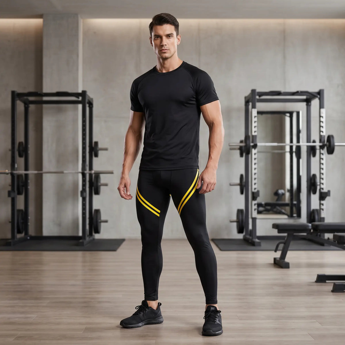 Athletic man in black compression leggings with bold yellow diagonal stripes, men's athletic pants lifestyle photo