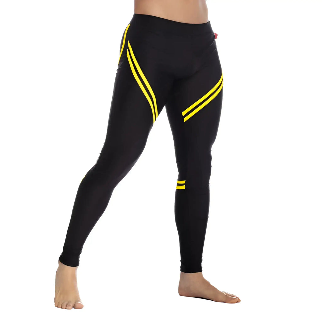 Gigo core black leggings with bold yellow diagonal stripes and a snug form-fitting athletic design
