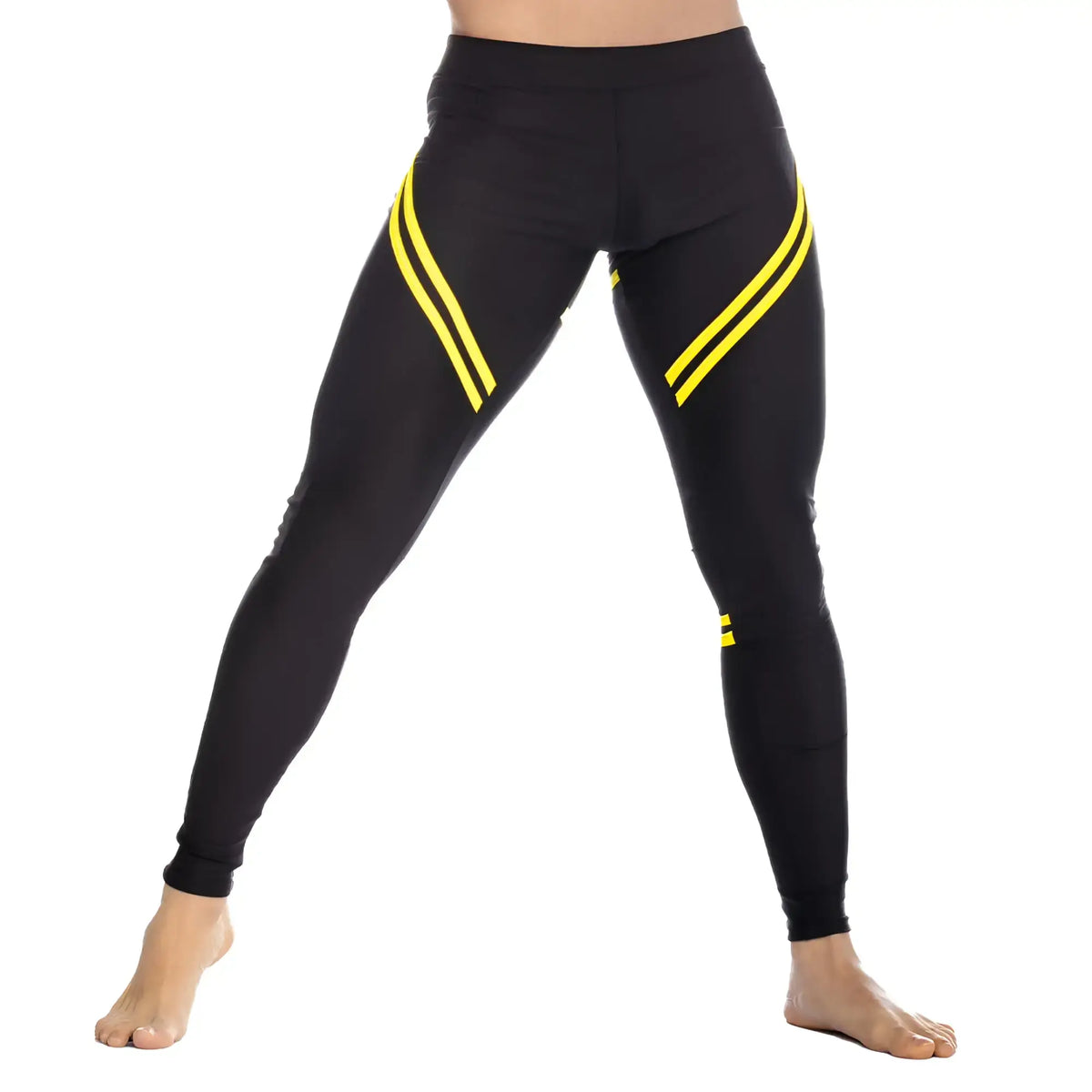 Black athletic leggings with bold yellow diagonal stripes on outer thighs from gigo core for active wear