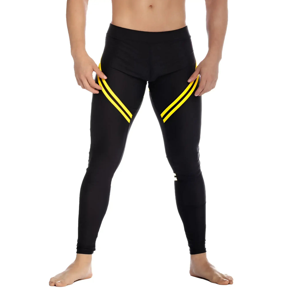 Black gigo core leggings with bold yellow diagonal stripes on outer thighs for athletic performance