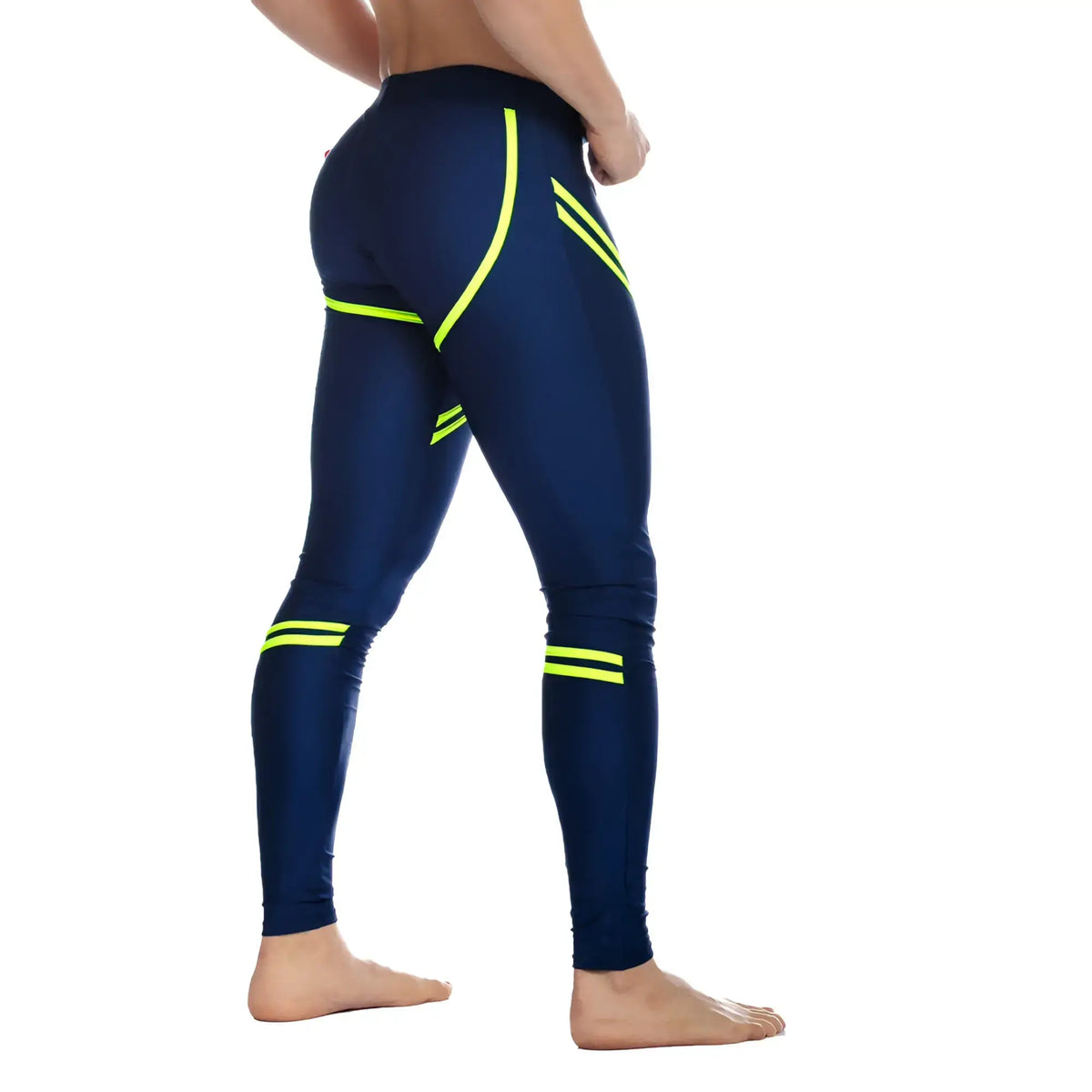 Navy blue gigo core blue leggings with neon yellow reflective stripes for high visibility athletic wear
