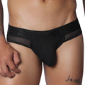 Black jockstrap with a branded elastic waistband, sheer mesh side panels, and a contour pouch.