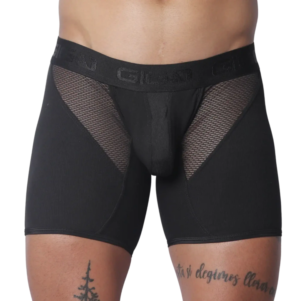 Black men's trunk with mesh panels, ribbed fabric, and a branded elastic waistband.