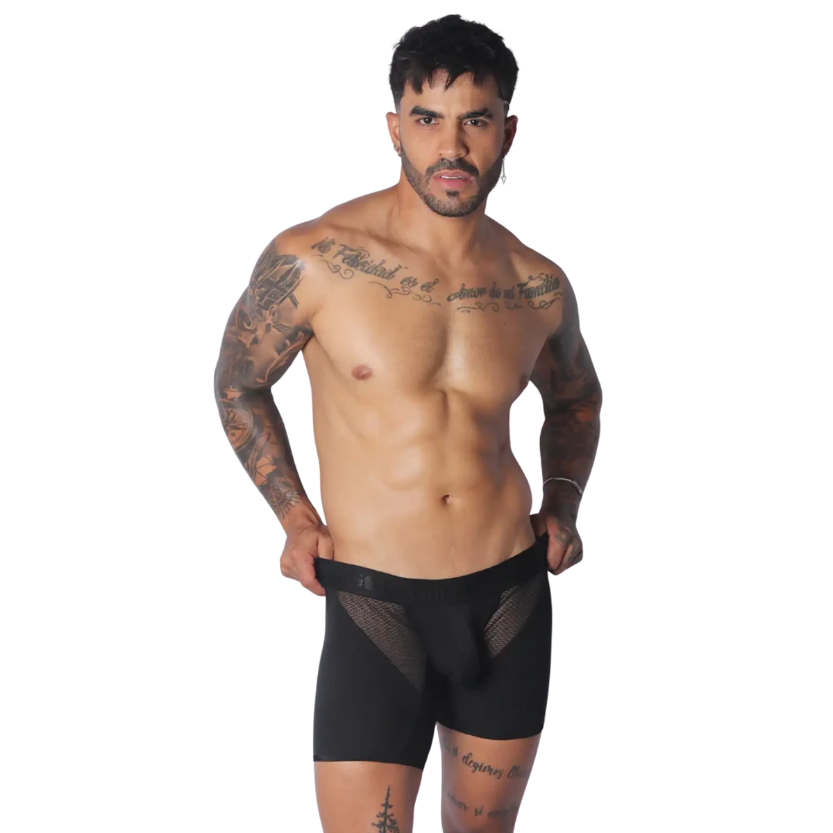 Black trunk underwear featuring a solid fabric body with sheer mesh side panels and a wide elastic waistband.