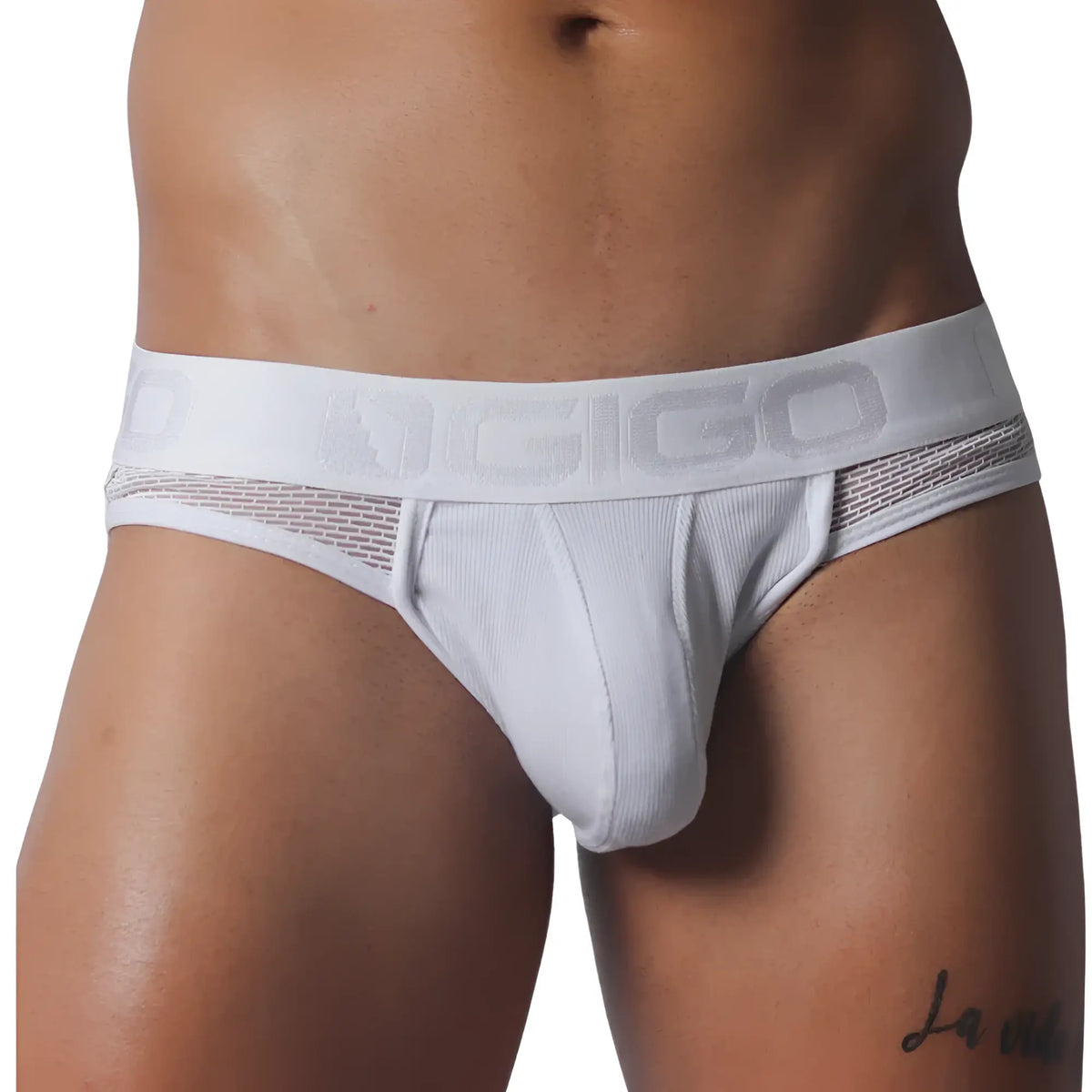 White ribbed jockstrap with breathable mesh side panels and a wide elastic waistband featuring the Gigo logo.