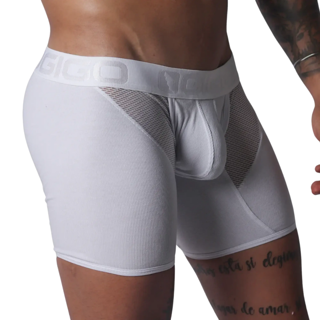 White ribbed trunks with mesh side panels and a wide elastic waistband featuring the GIGO logo.