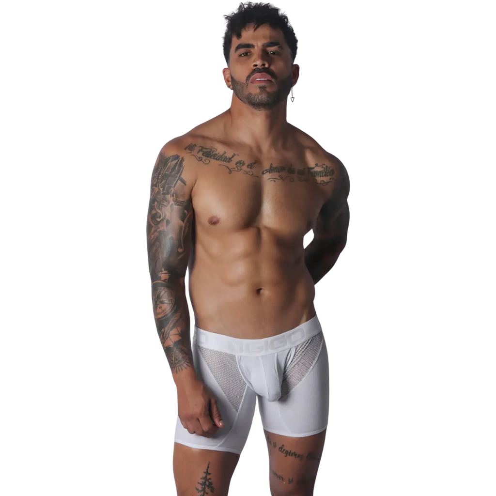White Gigo trunk featuring a breathable mesh panel design and an elastic waistband with debossed logo branding.