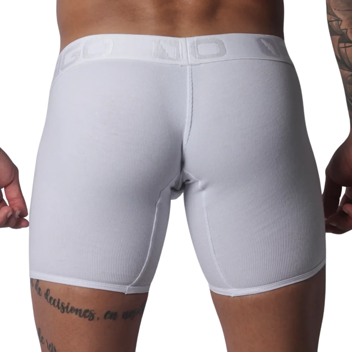 White ribbed cotton boxer trunk with a branded elastic waistband and centered back seam.