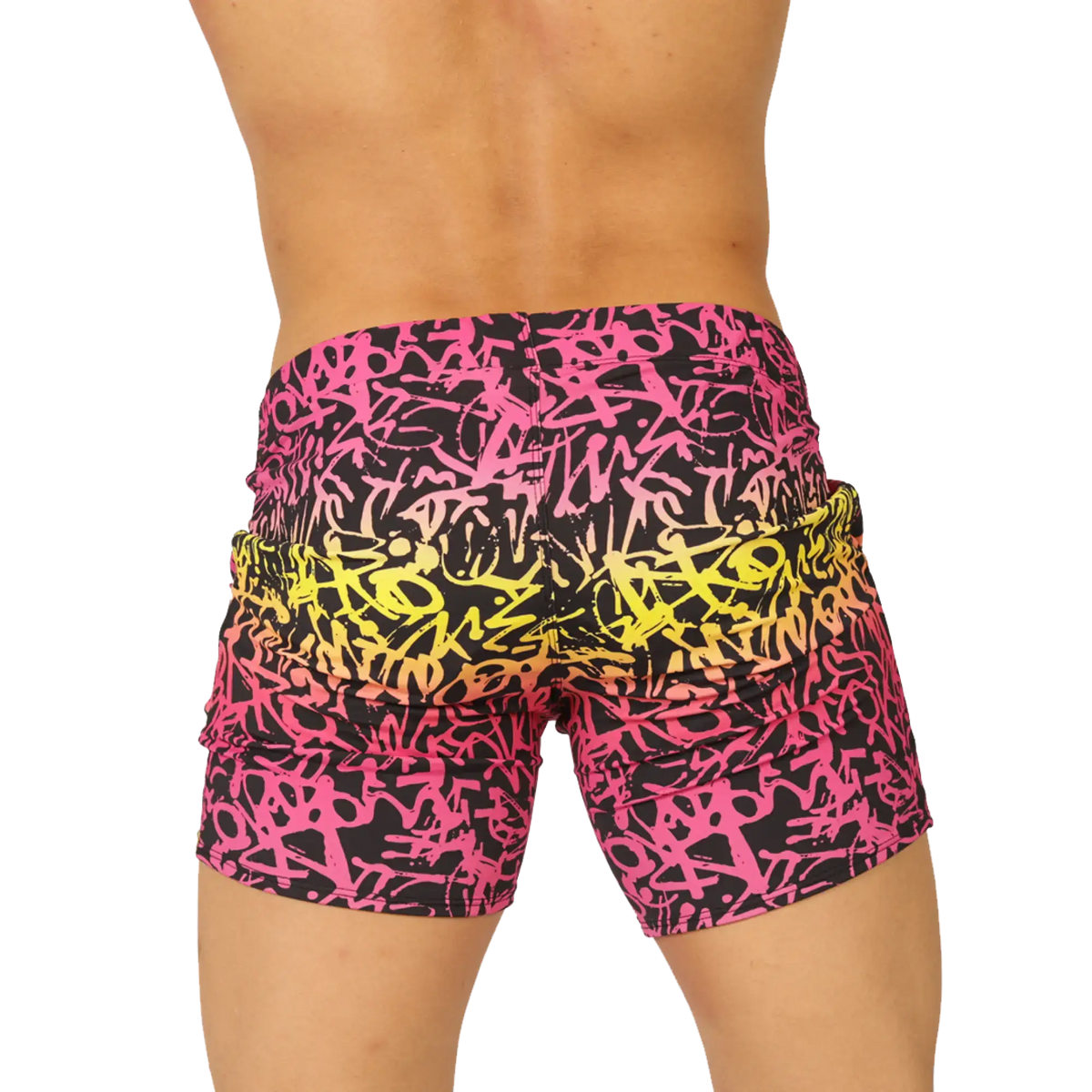 Vibrant gigo crazy beachwear shorts with bold pink and yellow graffiti pattern on black fabric for casual wear
