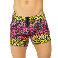 Gigo Crazy Beachwear swim trunks with vibrant pink yellow and black graffiti pattern and drawstring waistband