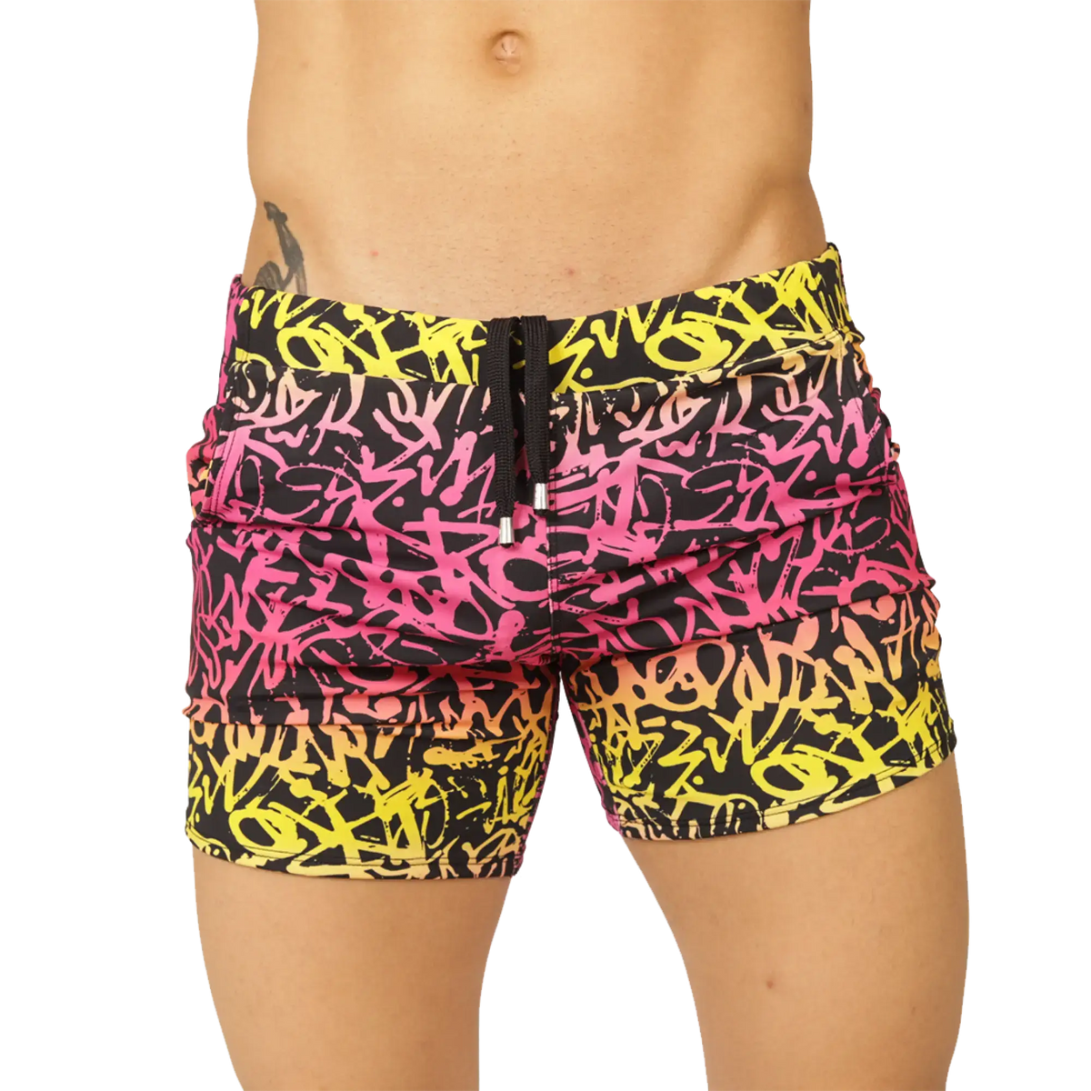 Gigo Crazy Beachwear swim trunks with vibrant pink yellow and black graffiti pattern and drawstring waistband