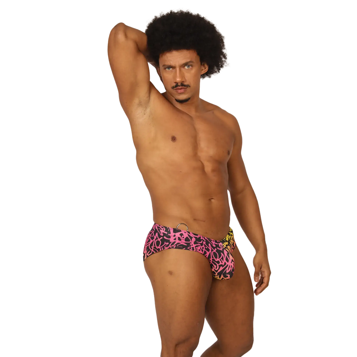 Gigo Crazy Swimbrief swim trunks in vibrant pink and black graffiti pattern with a yellow side accent for swimming