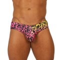 Gigo Crazy swimbrief vibrant pink and yellow graffiti-patterned swim trunks with black base for swimwear use