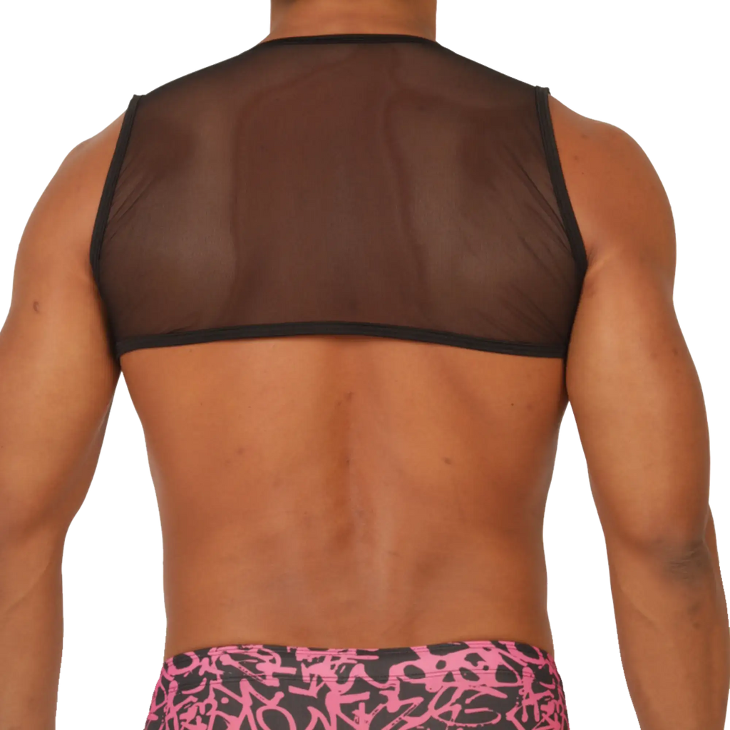 Black sheer mesh tank top with black trim in gigo crazy vest harness style showing front view