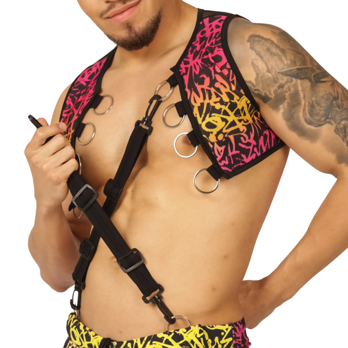 Black gigo crazy vest harness with vibrant pink orange and yellow graffiti style pattern on shoulder panels