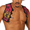 Vibrant graffiti-patterned black neoprene gigo crazy vest harness with metallic silver rings and adjustable straps