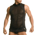Gigo destructive black hoody tshirt sleeveless top with black mesh front high collar and solid fabric side panels