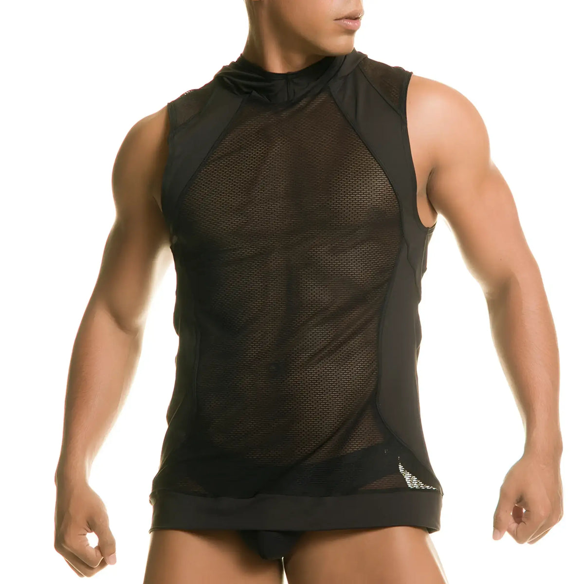 Gigo destructive black hoody tshirt sleeveless top with black mesh front high collar and solid fabric side panels
