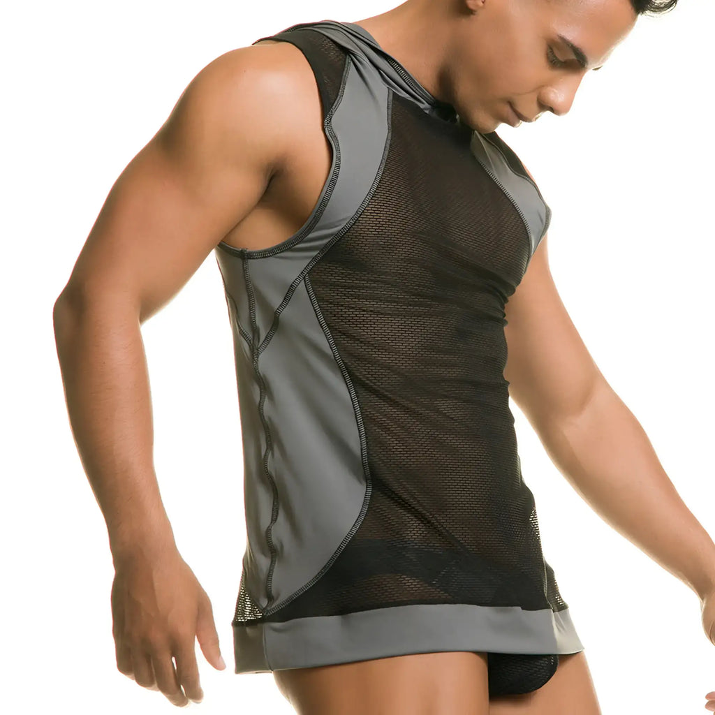 Black and gray mesh athletic tank top with reinforced paneling from gigo destructive gray hoody tshirt collection