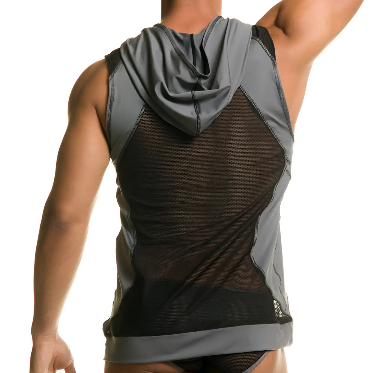 Gray and black mesh sleeveless hoodie with hood and solid fabric panels for structure from gigo destructive gray hoody tshirt