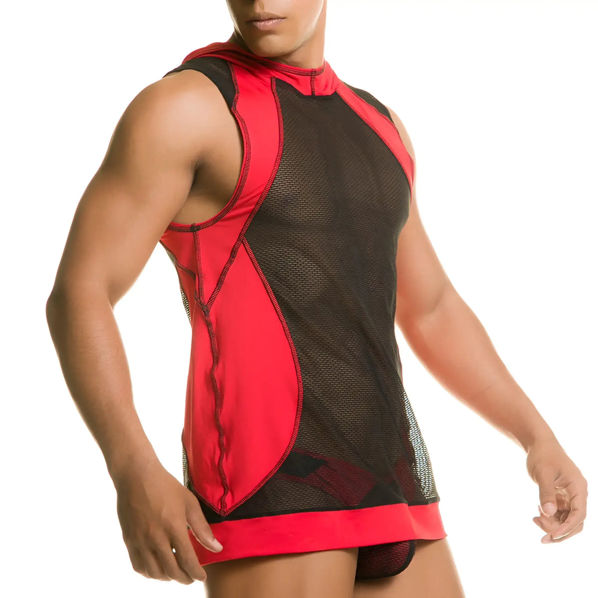 Red and black mesh sleeveless top with high collar from Gigo destructive red hoody tshirt collection