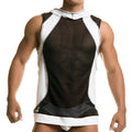 Black and white mesh sleeveless hoodie top with hood and contrasting solid side and hem panels from gigo destructive white