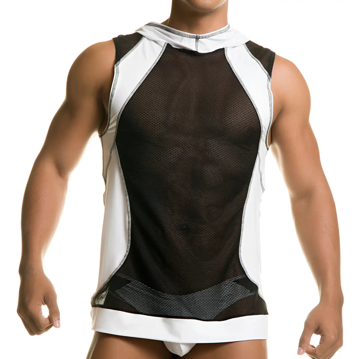Black and white mesh sleeveless hoodie top with hood and contrasting solid side and hem panels from gigo destructive white
