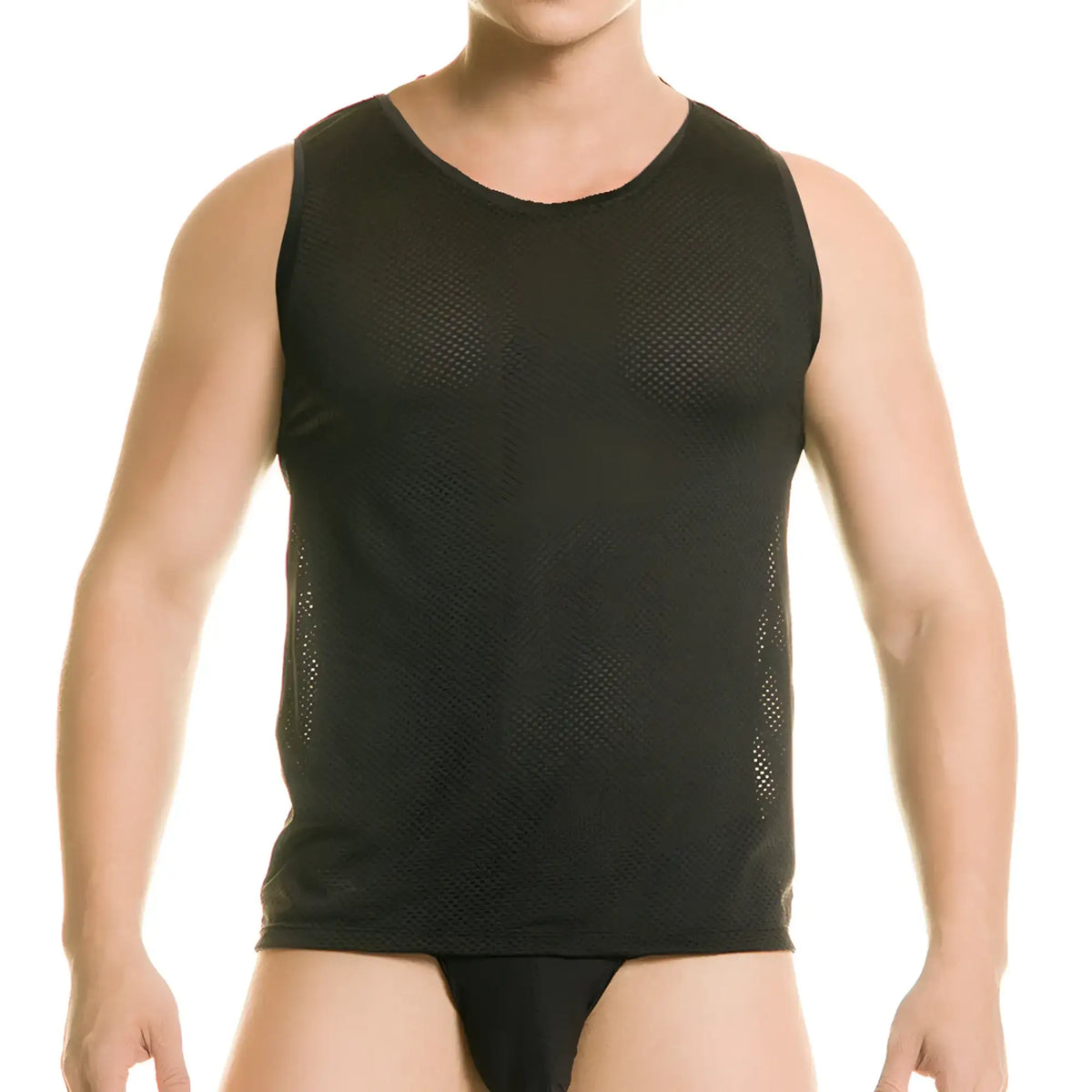 Gigo Diversity black tank mesh tank top with round neckline and side ventilation panels for breathability