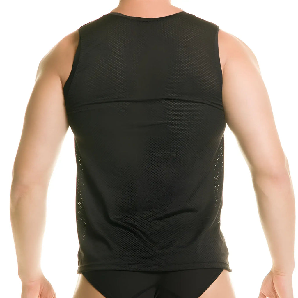 Gigo Diversity black tank sleeveless athletic top with black mesh, solid midsection panel, and perforated side panels