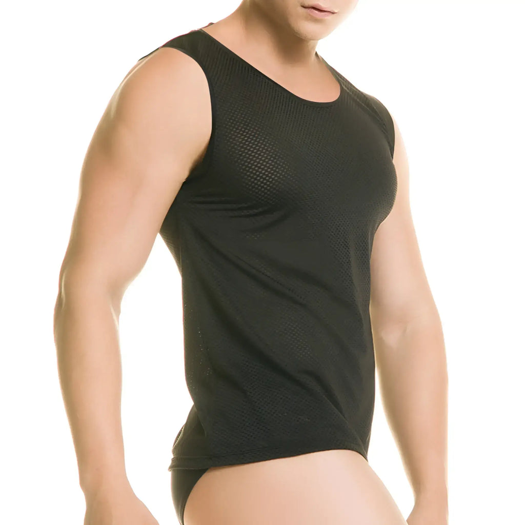 Black mesh tank top with scoop neckline and seamless construction from gigo diversity black tank collection