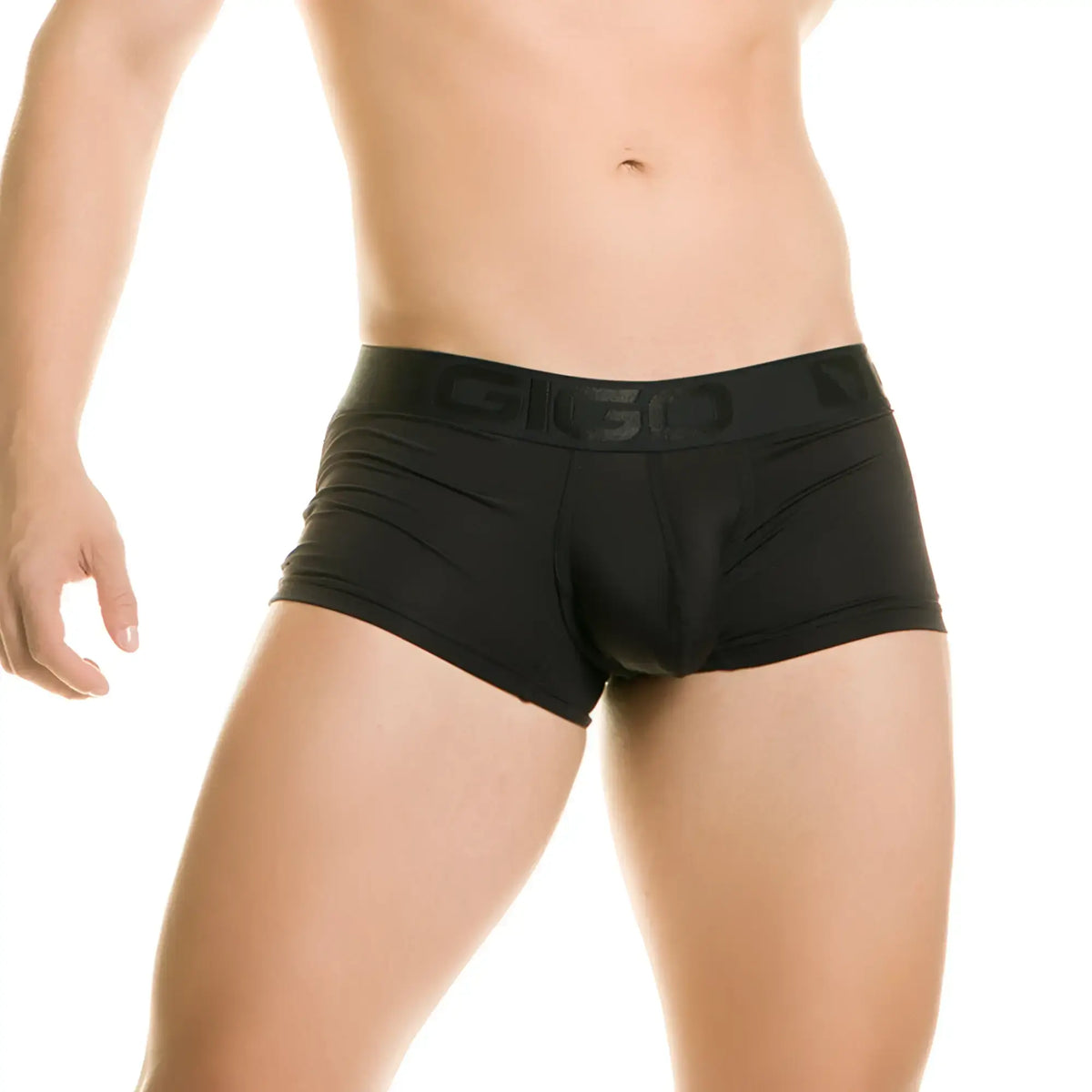 Black gigi brand briefs with smooth form-fitting fabric and subtle waistband branding in gigo diversity black trunk style