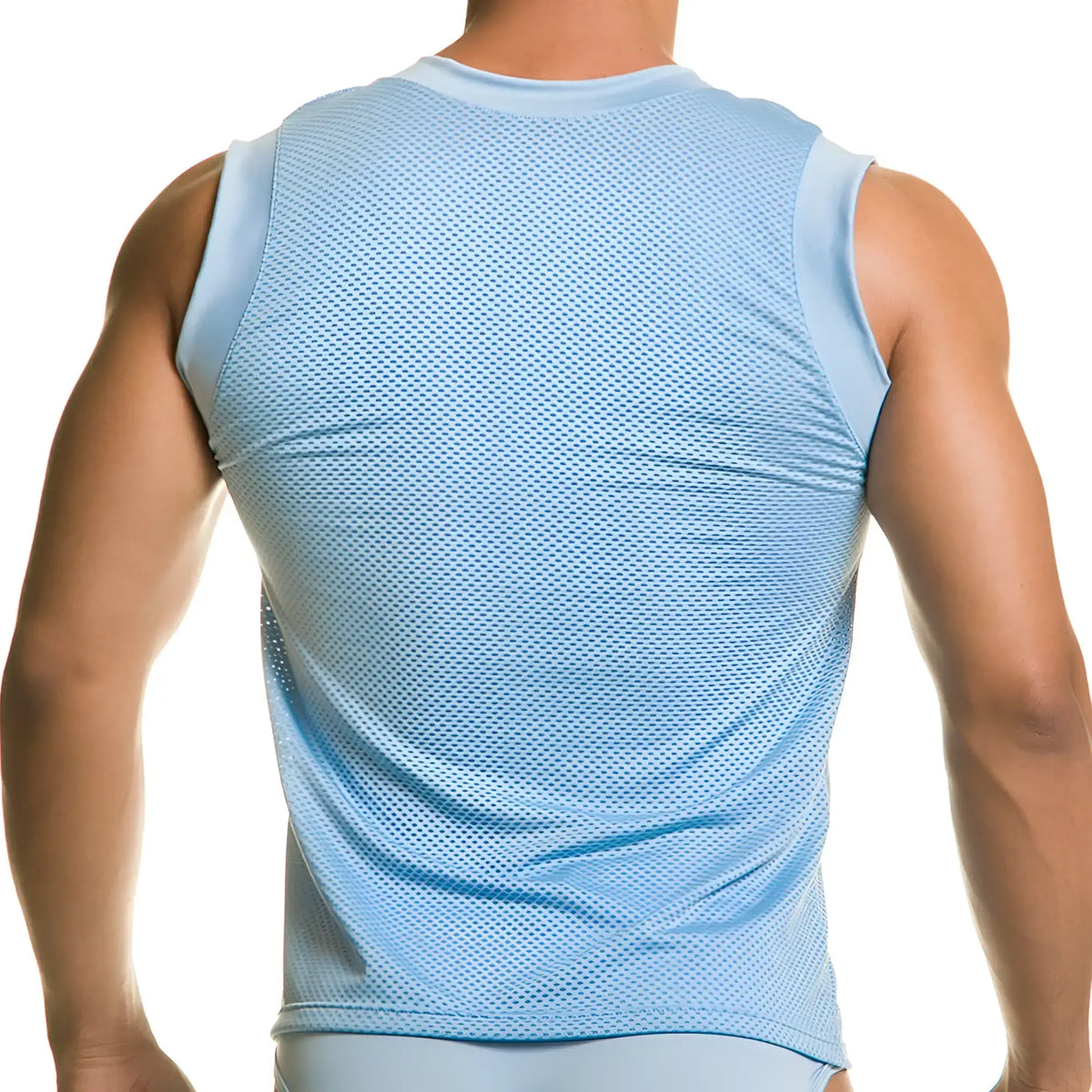 Light blue mesh sleeveless athletic top with solid fabric armholes and neckline from Gigo Diversity Blue Tank