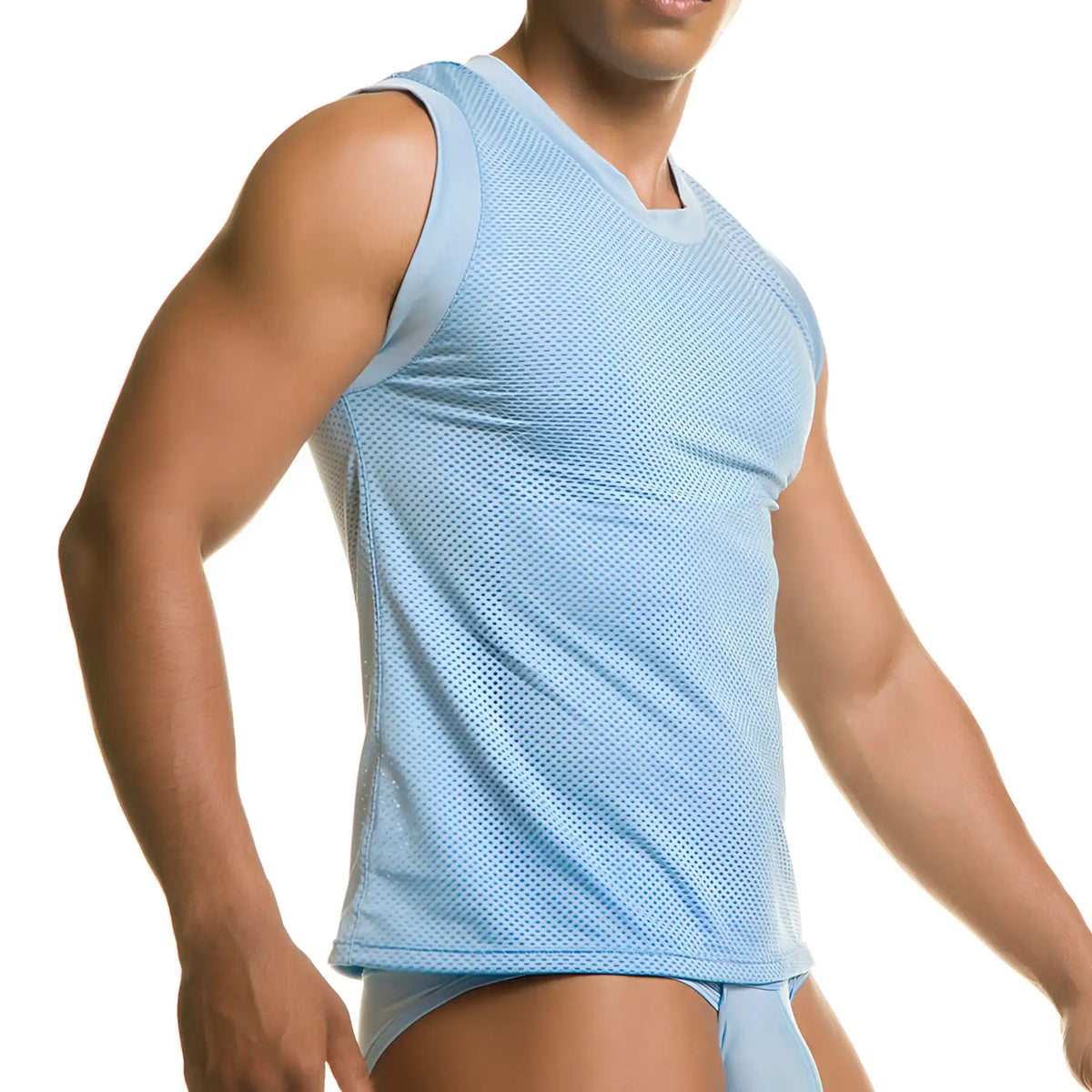 Light blue mesh sleeveless athletic top with v-neckline designed for active wear by Gigo Diversity