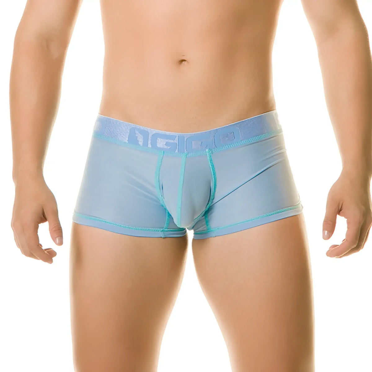 Light blue sheer menÃ¢â‚¬â„¢s boxer briefs with matching embossed Gigo waistband in the diversity blue trunk style