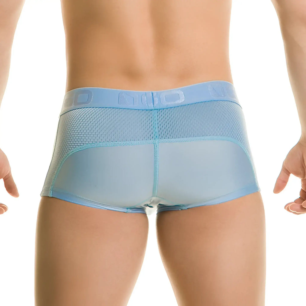 Light blue mesh briefs with solid waistband featuring gigo brand name from diversity blue trunk collection