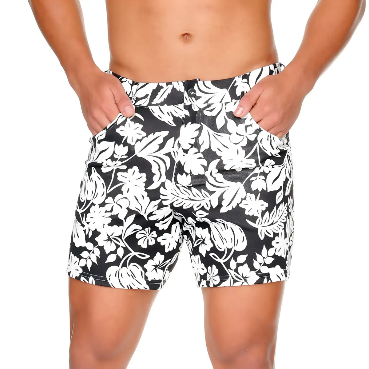 Gigo Dynasty black short swim trunks with black and white floral pattern and button closure for beachwear
