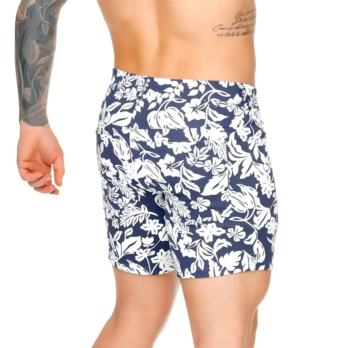 Navy blue Gigo Dynasty Blue Short swim trunks with bold white floral pattern ideal for beachwear